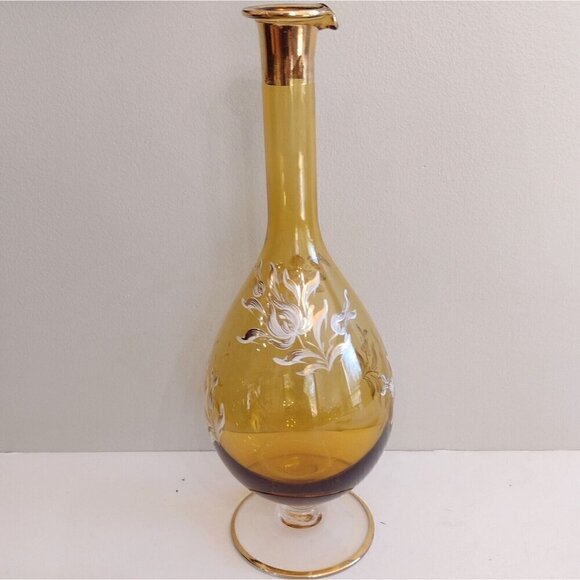 Vtg Italy Hand Blown Glass Wine Decanter Amber Gold White Floral Hand Painted - Picture 4 of 15
